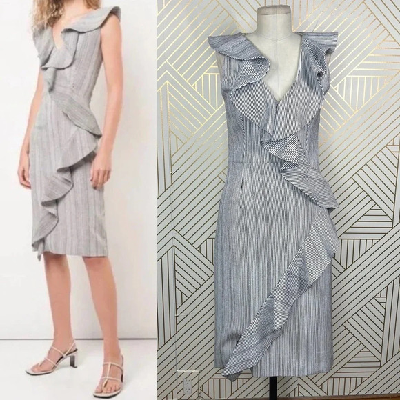 PatBO Striped Ruffle Sheath Dress Black & White Size US 4 - Picture 1 of 12